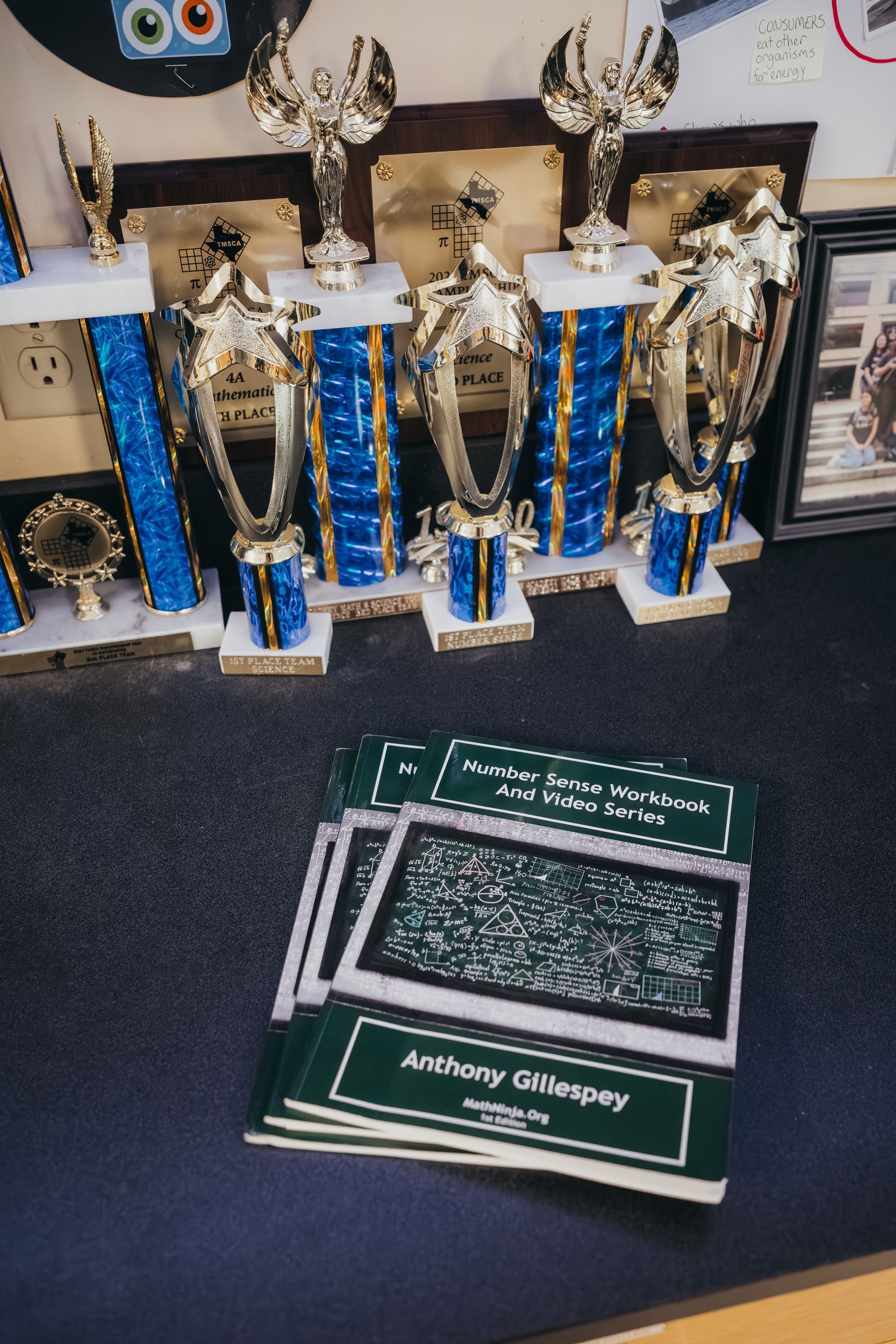 Trophies and books on a dark surface. Books are green and white; trophies are gold and blue.