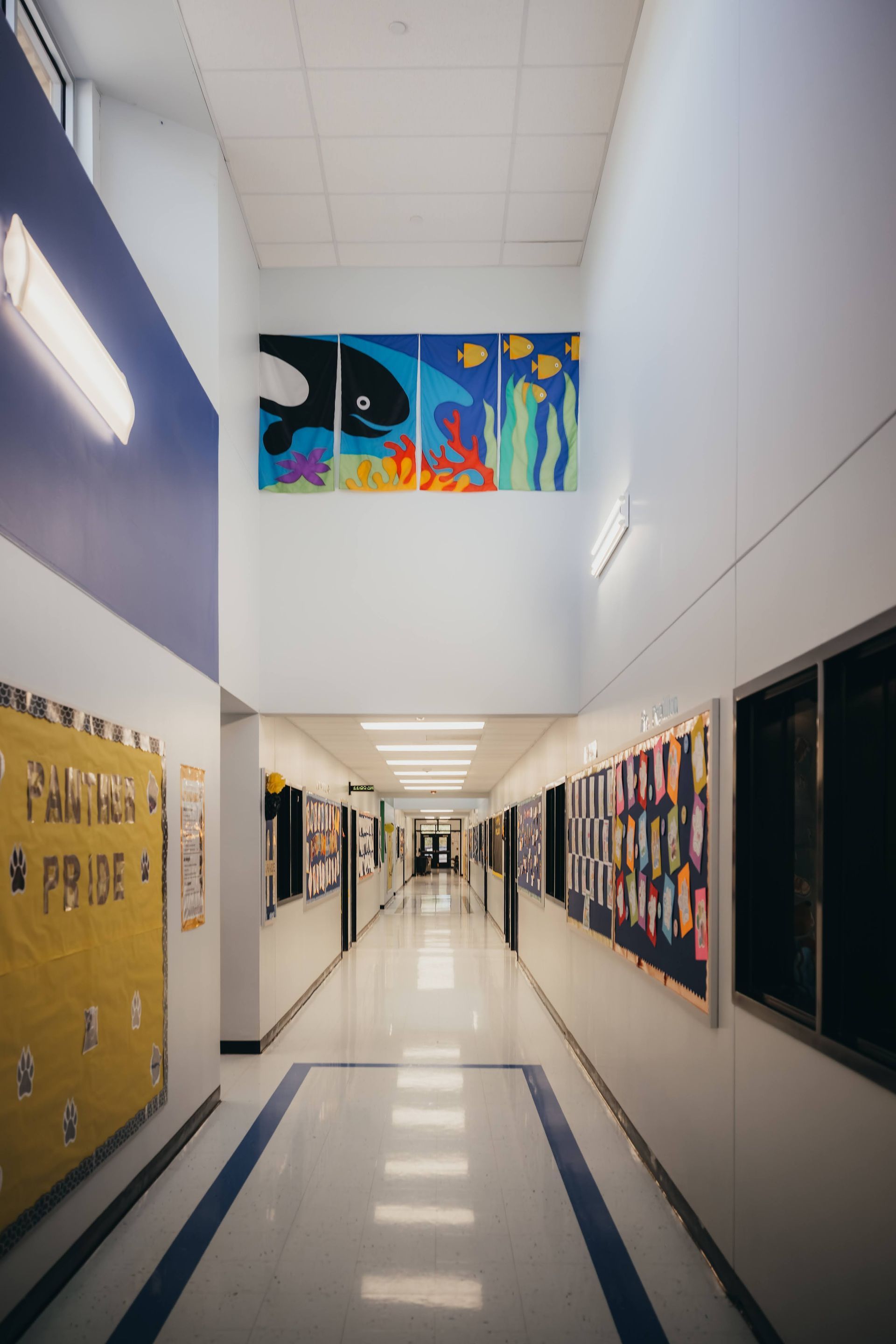 School hallway with colorful marine life mural, bulletin boards, and bright fluorescent lights.