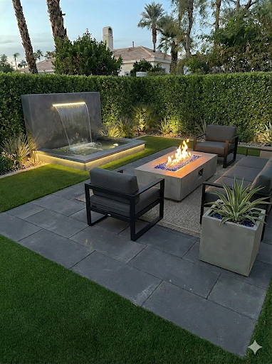 Outdoor patio with water feature, fire pit, seating, and green lawn.