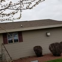 Single-story beige house with maroon shutters, gray roof, and two bushes in front