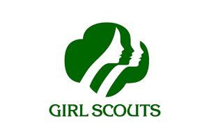 Green Girl Scout logo with two profiles inside a trefoil shape, and the words 