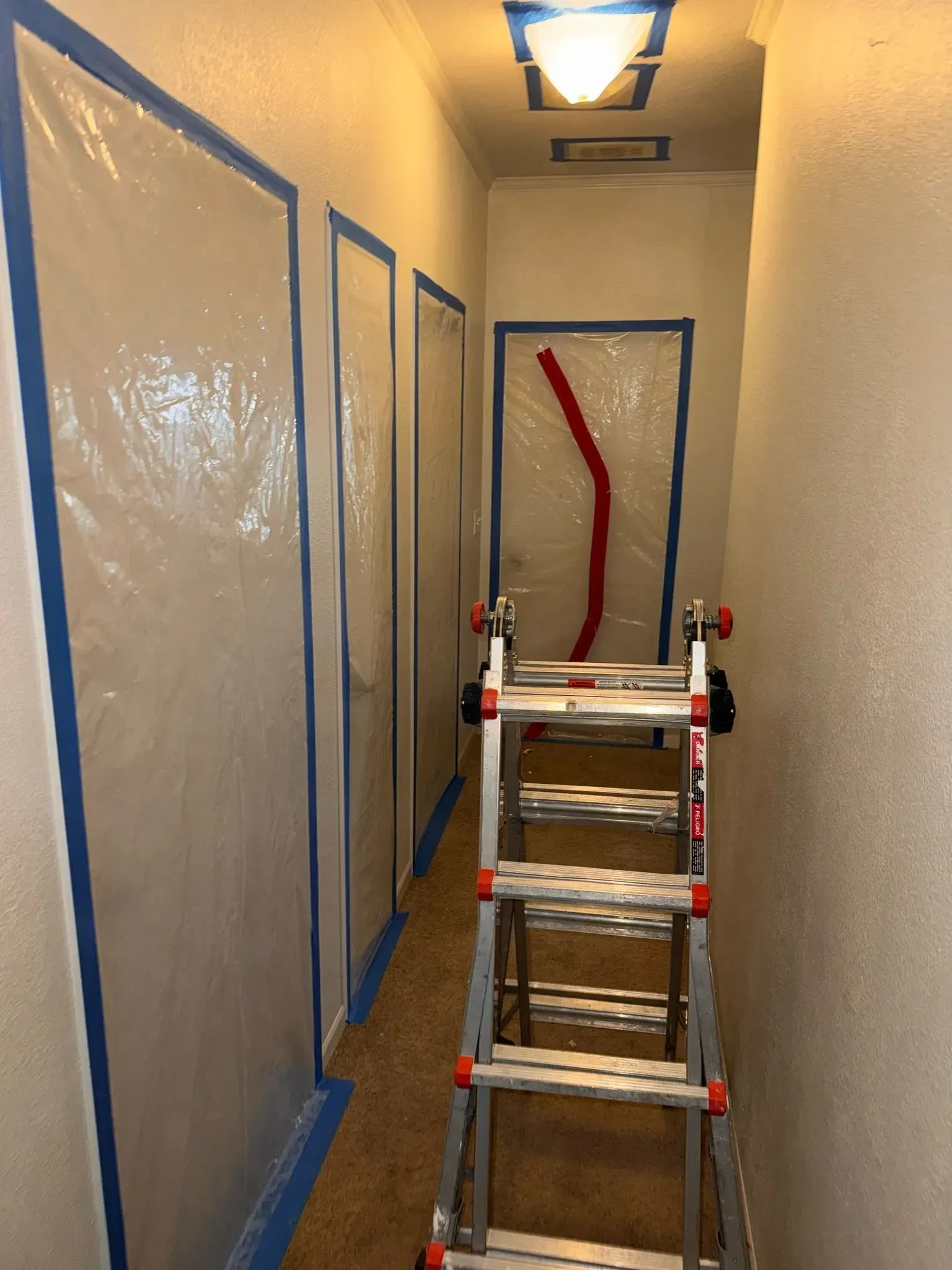 Narrow hallway; walls taped and covered in plastic sheeting. A ladder is in the center.