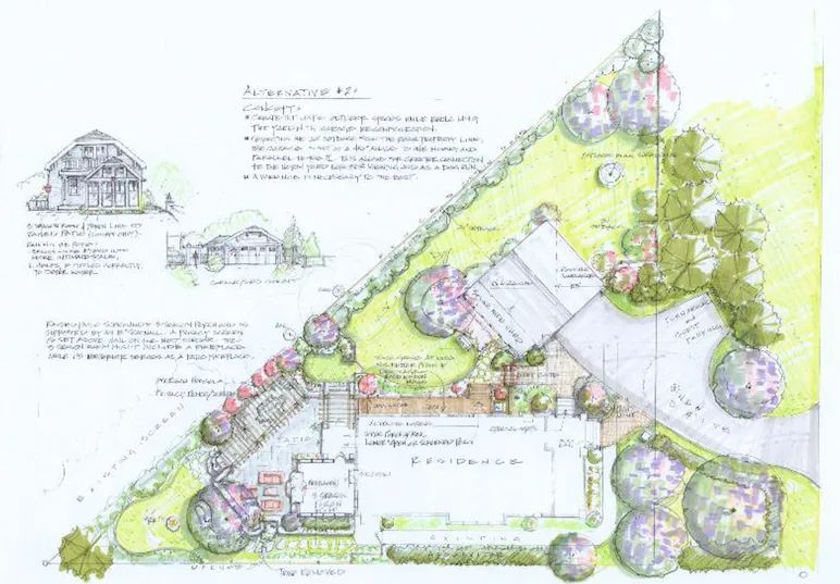 Hand-drawn landscape site plan with trees, buildings, and colored annotations on a white background