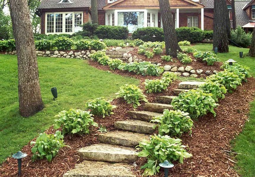 Stone stairs wind through a mulched garden bed with green hostas, leading toward a house with a lawn and trees.