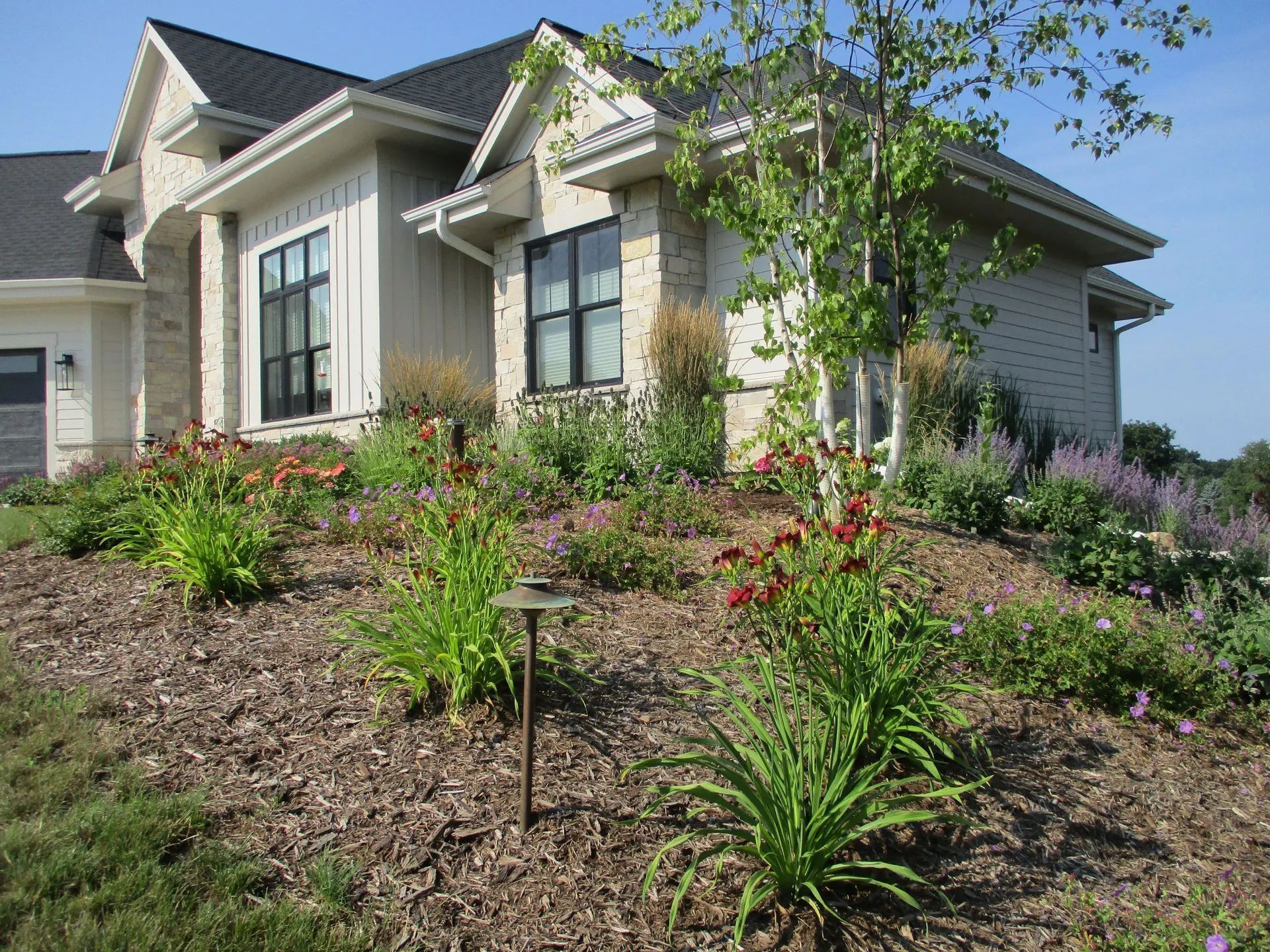 A modern light-colored stone and siding house with a landscaped yard featuring daylilies, mulch, and a small tree.