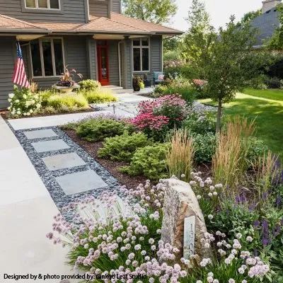 A path of light gray stone pavers set in dark gravel leads to a house entrance, surrounded by lush flower beds and greenery.