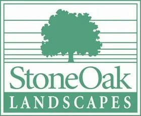 A green and white logo featuring a stylized tree silhouette above the text "StoneOak LANDSCAPES".