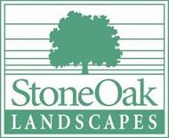 A green and white logo featuring a stylized tree silhouette above the text "StoneOak LANDSCAPES".
