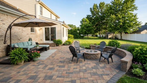 Backyard patio with pavers, outdoor seating, umbrella, and landscaped lawn beside a house