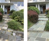 Before-and-after of a front walkway: cracked stone path replaced with smooth slate pavers leading to a house entrance
