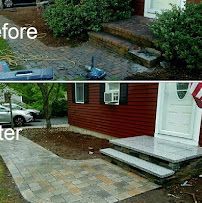 Before-and-after of a yard with stone pavers added beside a red house and white door