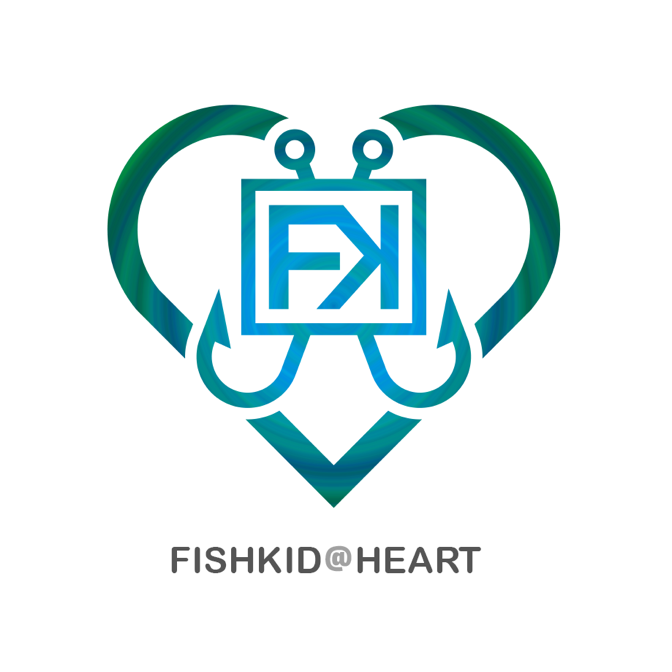 Logo: Blue and green heart with fishing hooks, 