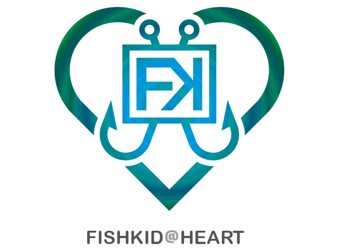 Heart-shaped logo with blue-green gradient. Contains fishing hooks and the initials