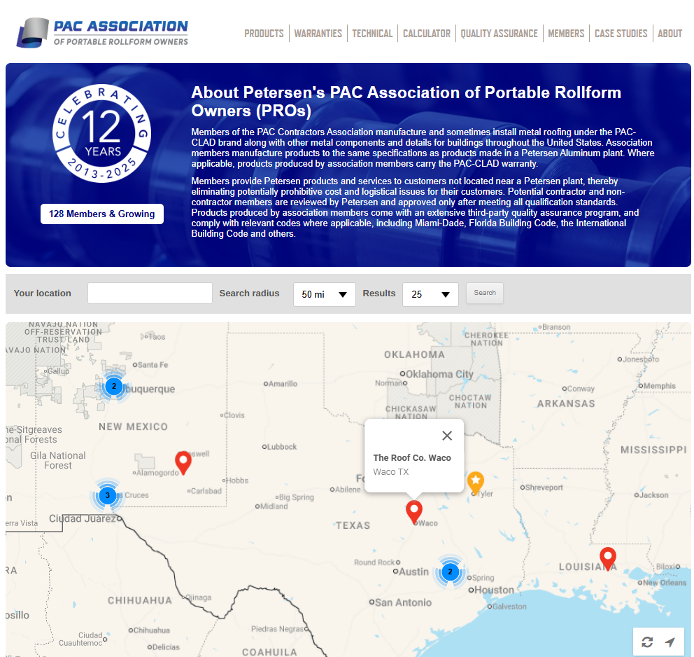 Map showing locations of Peter's PAC Association members, with a pop-up at a Texas location.
