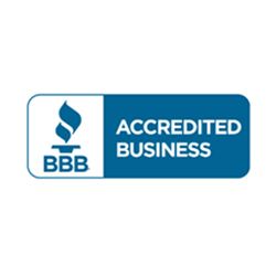 BBB Accredited Business logo: blue and white rectangle with a torch icon and text.