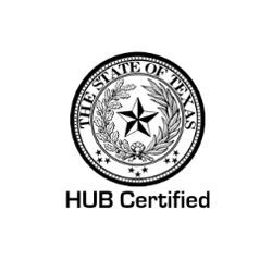 Texas HUB Certified logo: A black and white circular seal with the Texas state seal and 