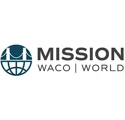 Logo for Mission Waco | World, featuring a bridge design over a globe in teal, and the name in gray.