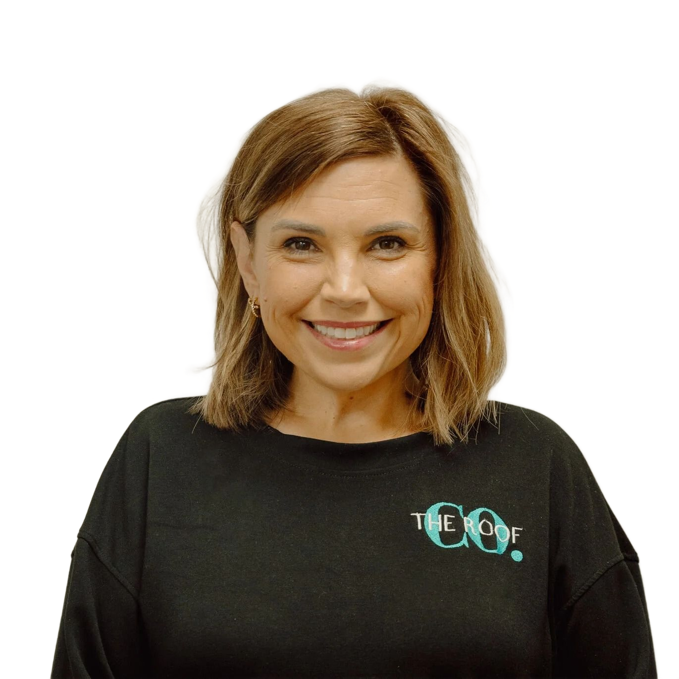 Woman with brown hair wearing a black sweatshirt that says 