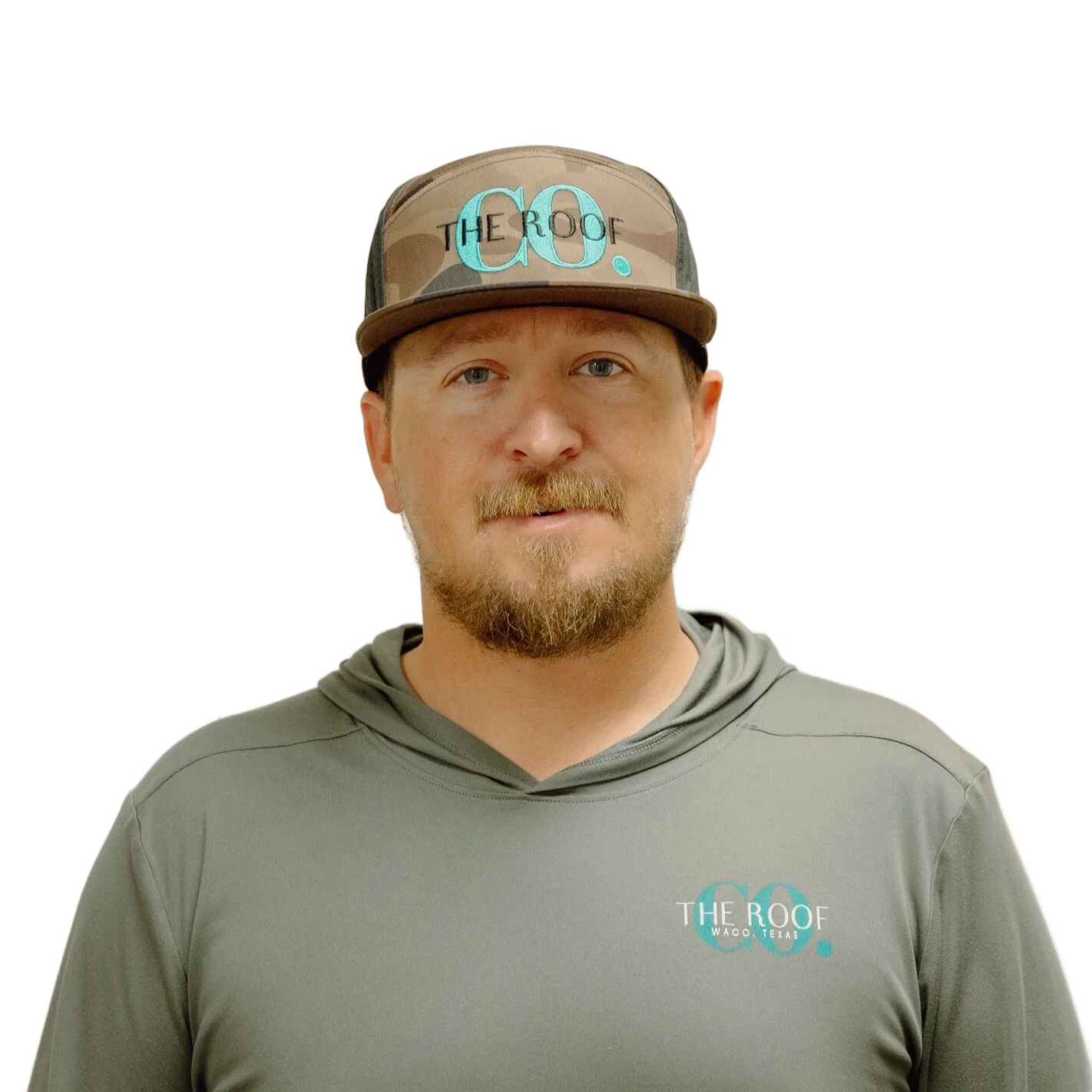 A man in a camouflage hat and gray hoodie with 