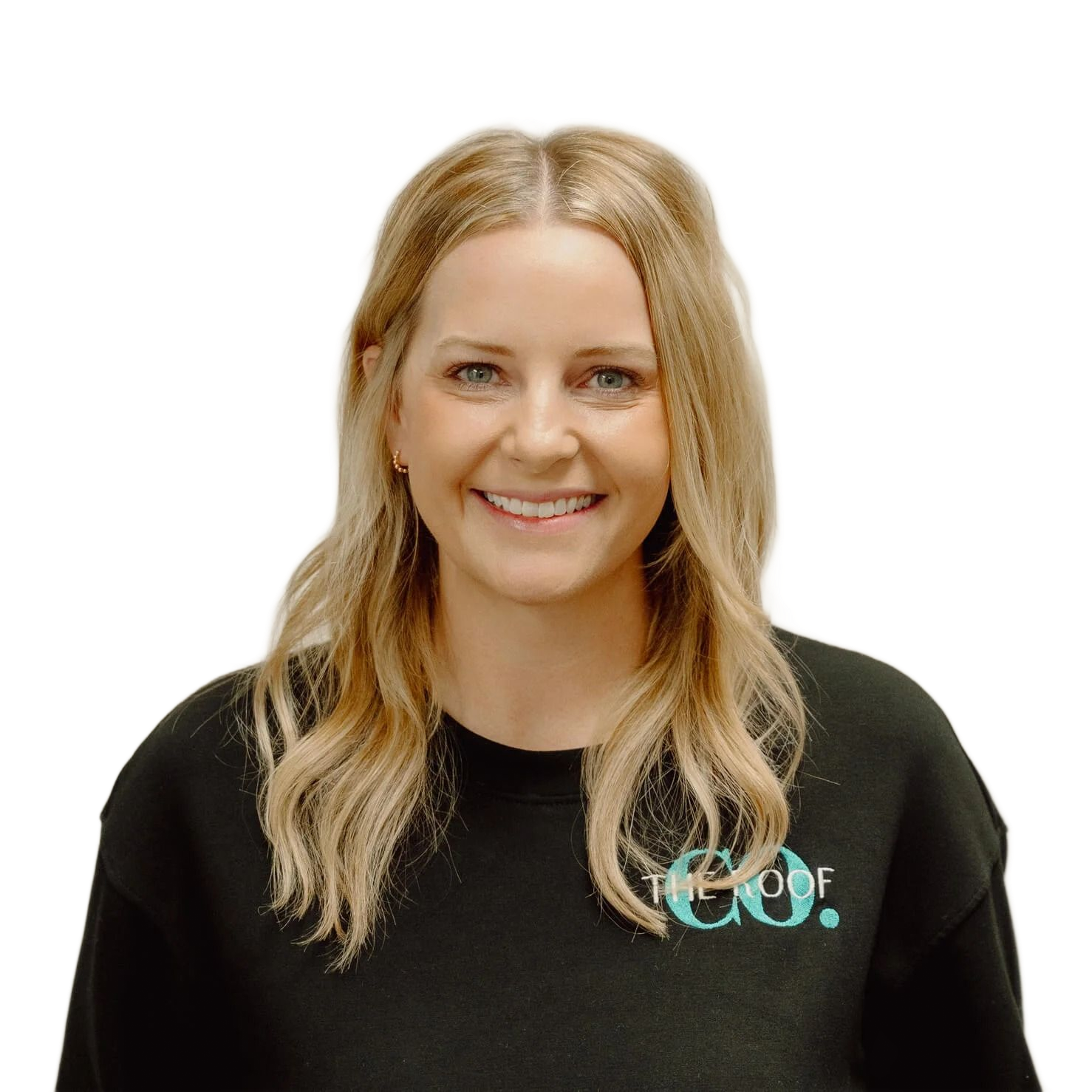 Blonde woman with a friendly smile wearing a black sweatshirt that has 