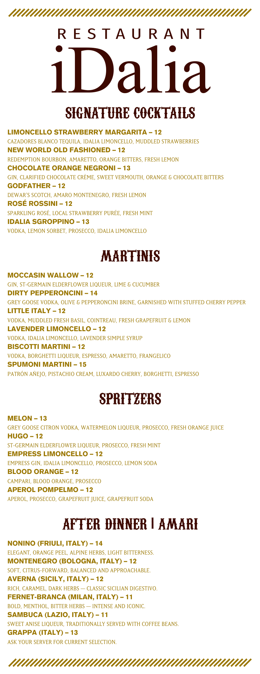 Restaurant iDalia menu with gold text on a white background