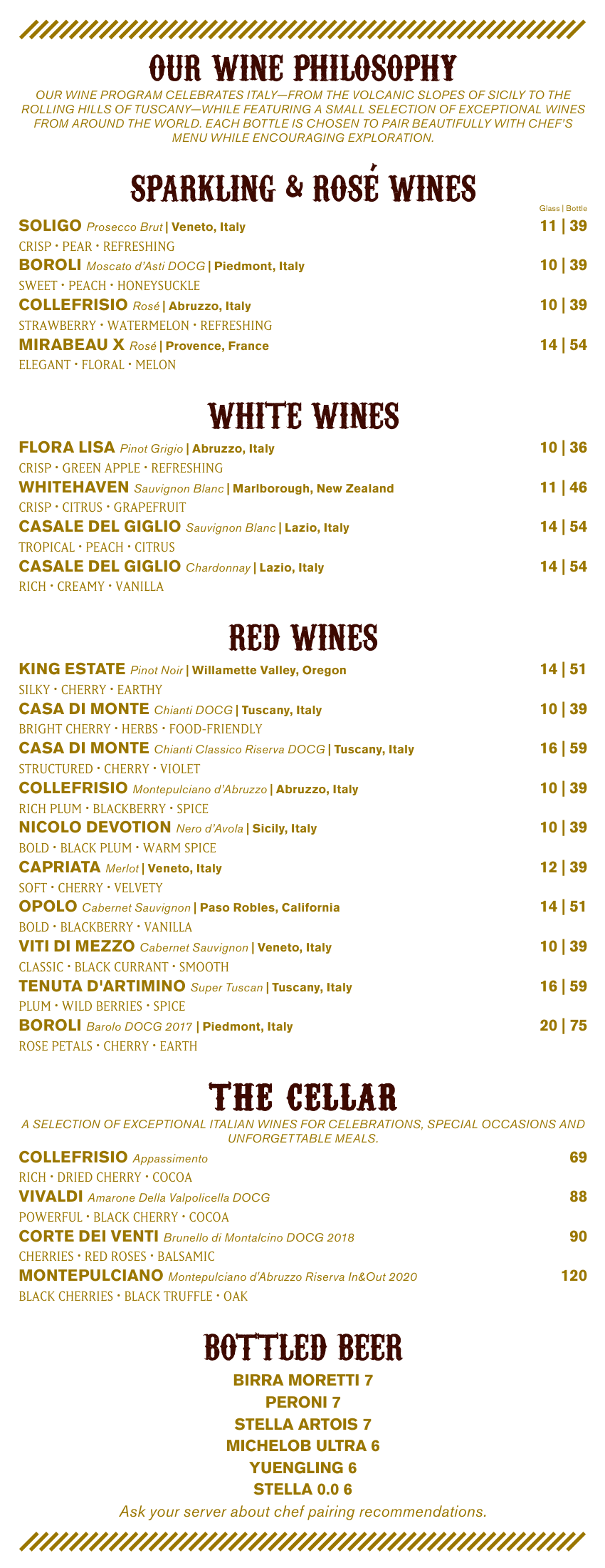 A  tall menu page with black text, headings, and item prices on a light background