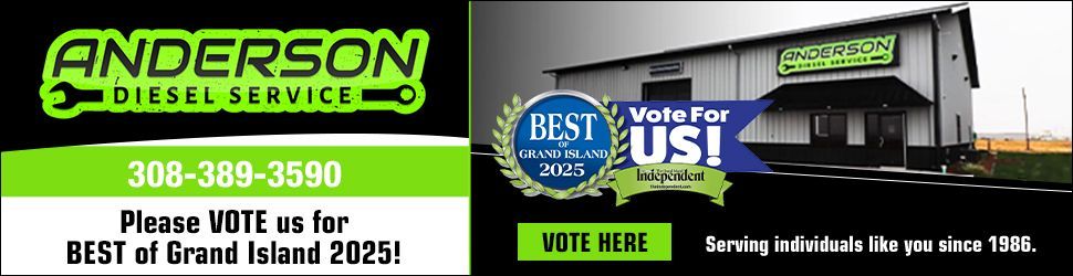 Anderson Diesel Service ad featuring their logo, phone number, and a request to vote for them as Best of Grand Island 2020.