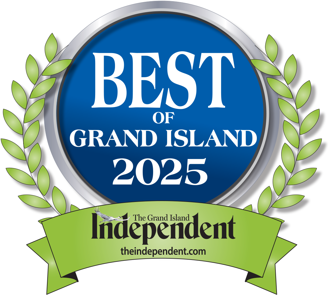 Best of Grand Island 2025 logo featuring a blue circular emblem with laurels and The Grand Island Independent banner.