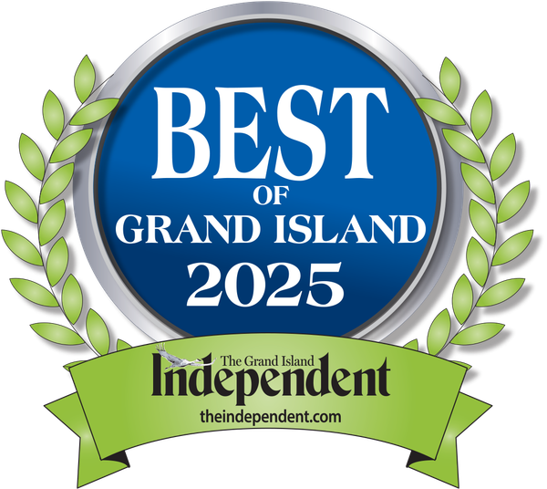 Best of Grand Island 2025 logo featuring a blue circular emblem with laurels and The Grand Island Independent banner.