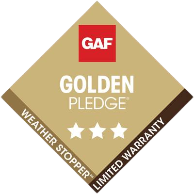 GAF Golden Pledge roofing warranty logo in gold, red, and white.