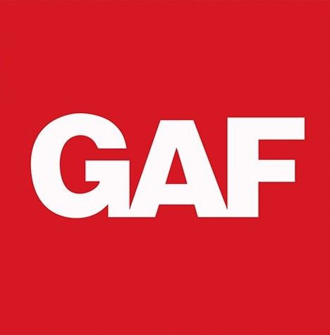 GAF logo in white text on a red square, with a white border.