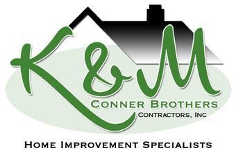 Logo for K&M Conner Brothers Contractors: green letters "K & M" with an "&" and house illustration; "Home Improvement Specialists" below.