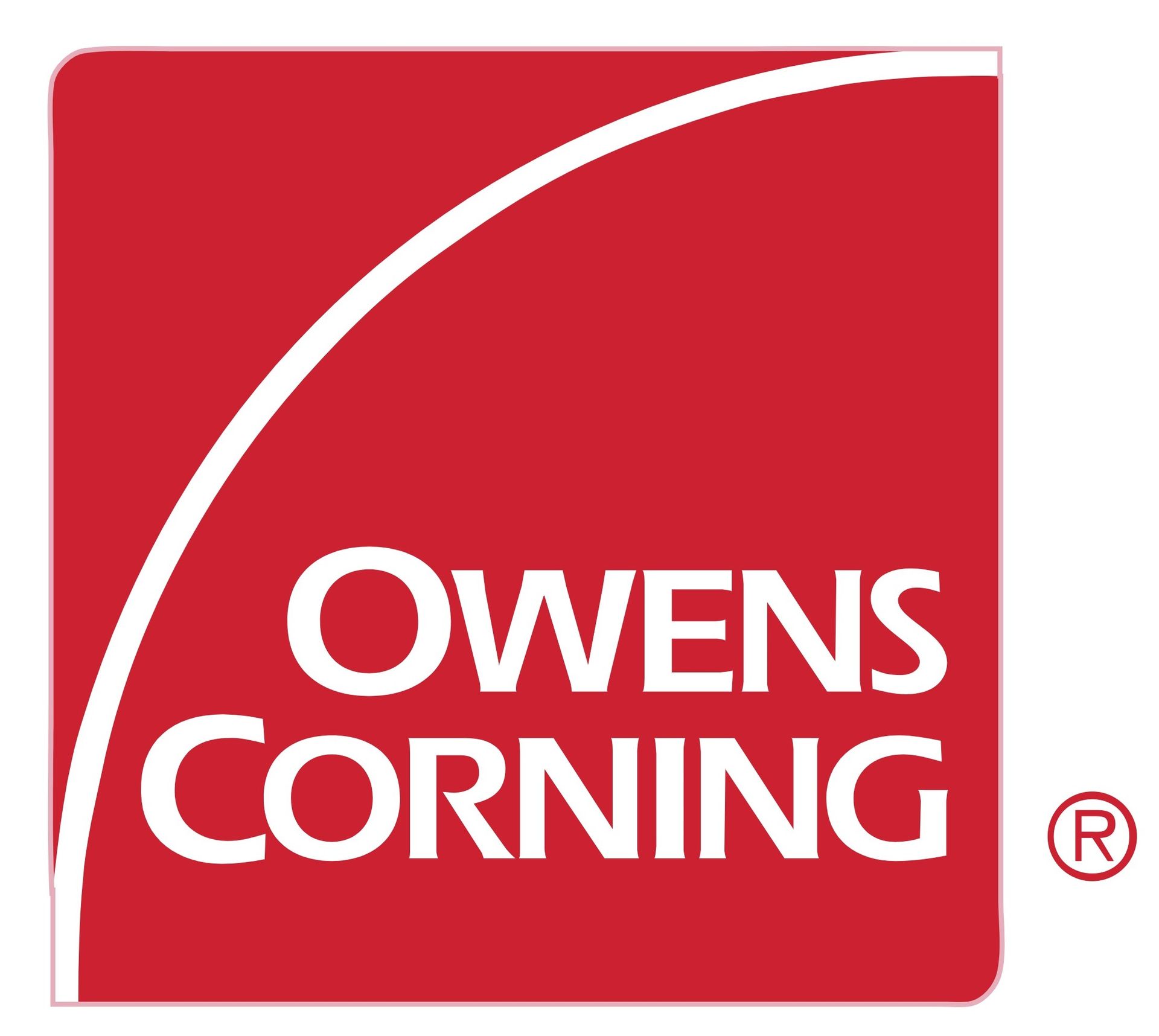 Owens Corning logo: white text and arc over a red square. Registered trademark symbol in the corner.