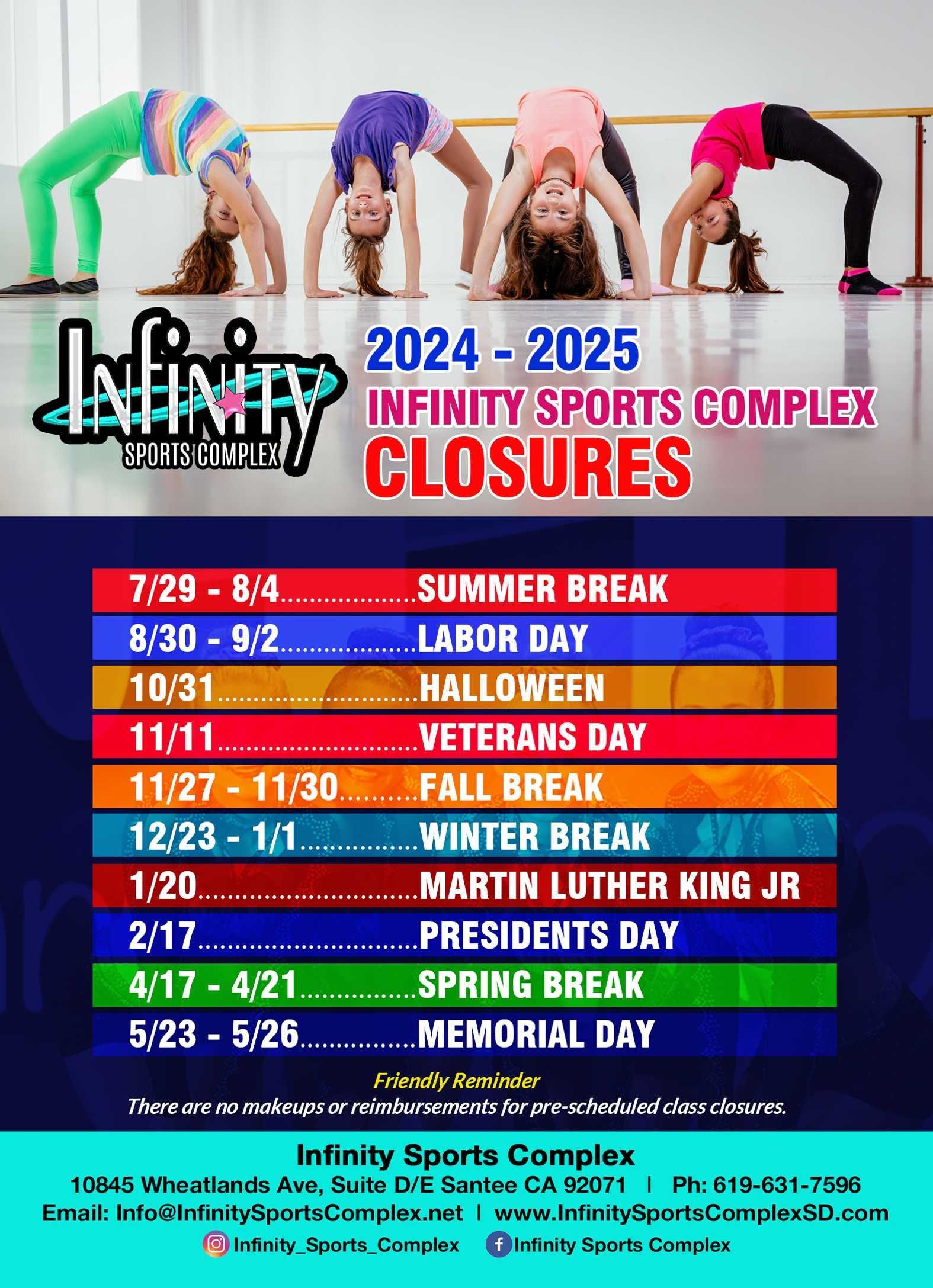 Closure schedule for Infinity Sports Complex. List includes dates and holidays, with kids doing backbends.
