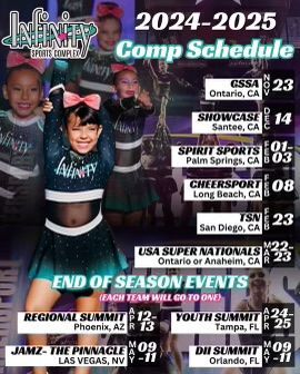 2024-2025 cheerleading competition schedule with dates and locations, team photo in background, and logos.