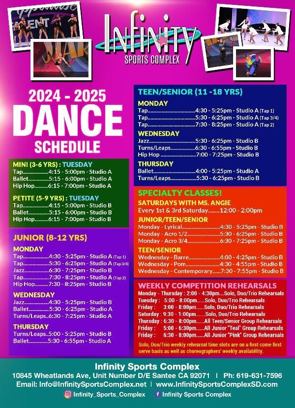 Dance class schedule for Infinity Sports Complex, classes for ages 2 to 18, by day and time.