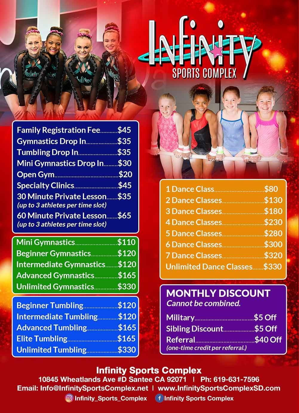 Flyer for Infinity Sports Complex, with class prices, and monthly discounts.