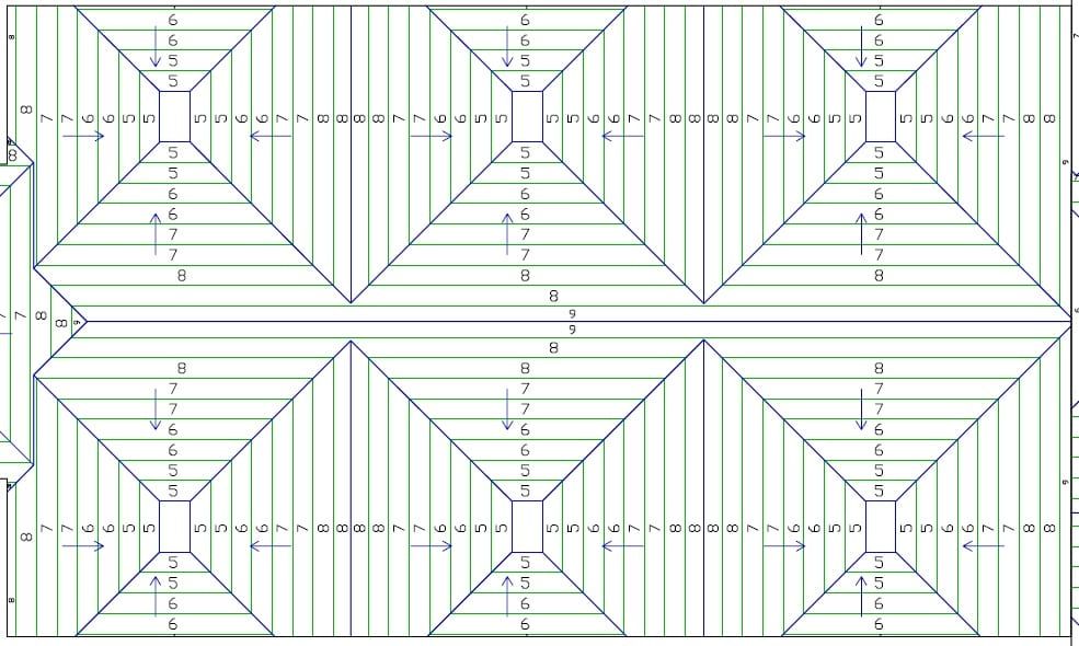 Top-down architectural diagram of a roof plan with six rectangular sections, each featuring converging slopes and arrows.