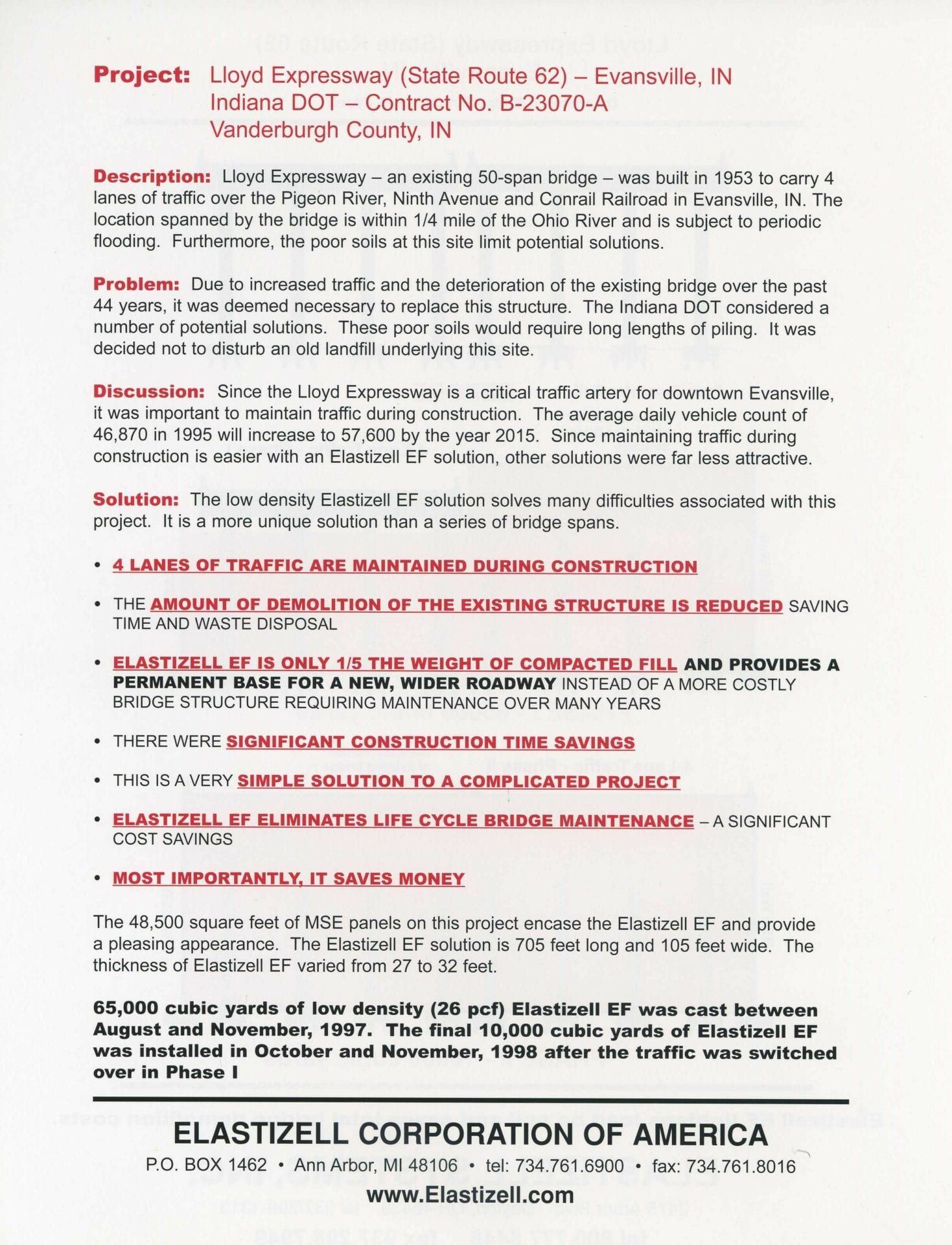 A project summary document from Elastizell Corporation describing a bridge construction project in Evansville, Indiana.