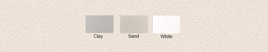 Color swatches of gray, sand, and white.