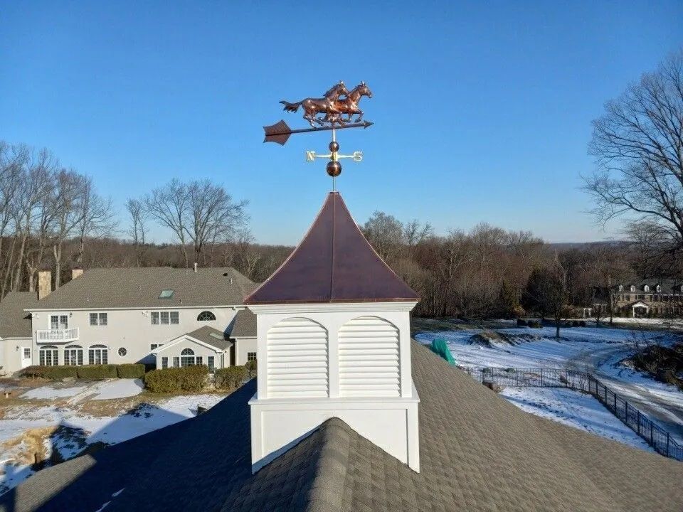 Weather vane on a cupola; a horse and jockey on a rooftop. Clear, sunny day.