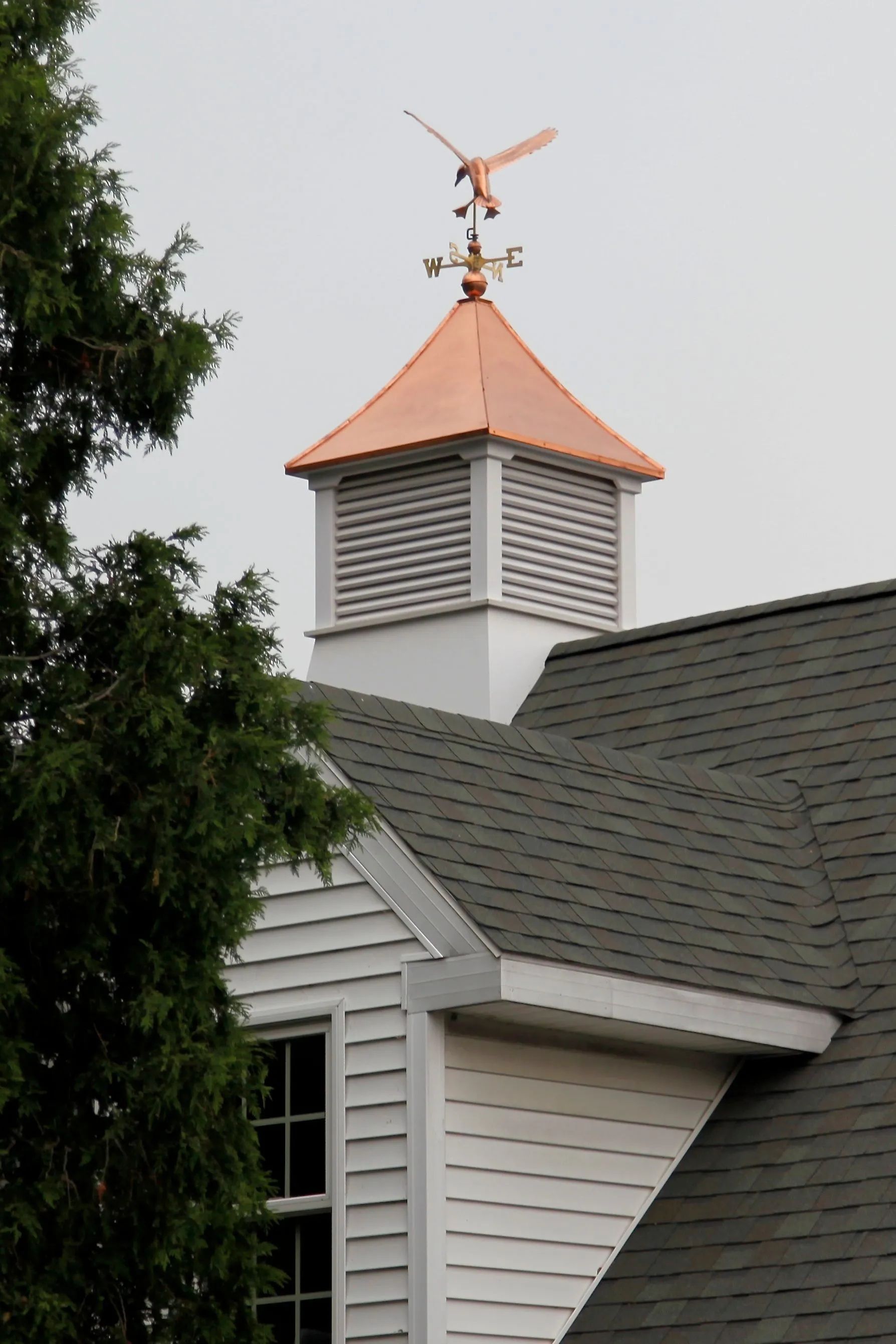 Copper-roofed cupola with eagle weathervane atop a white building with a gray roof.