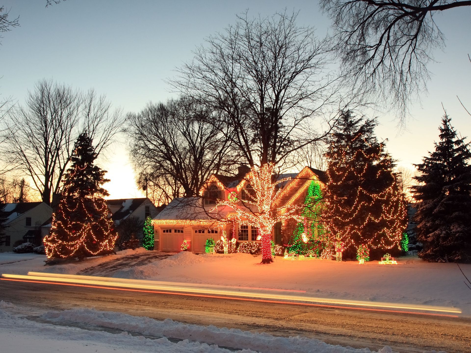 Exterior of a home decorated for Christmas