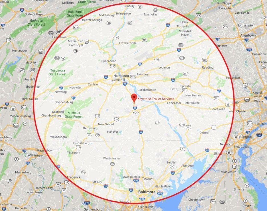 Map with a red circle highlighting an area around a central location marker.