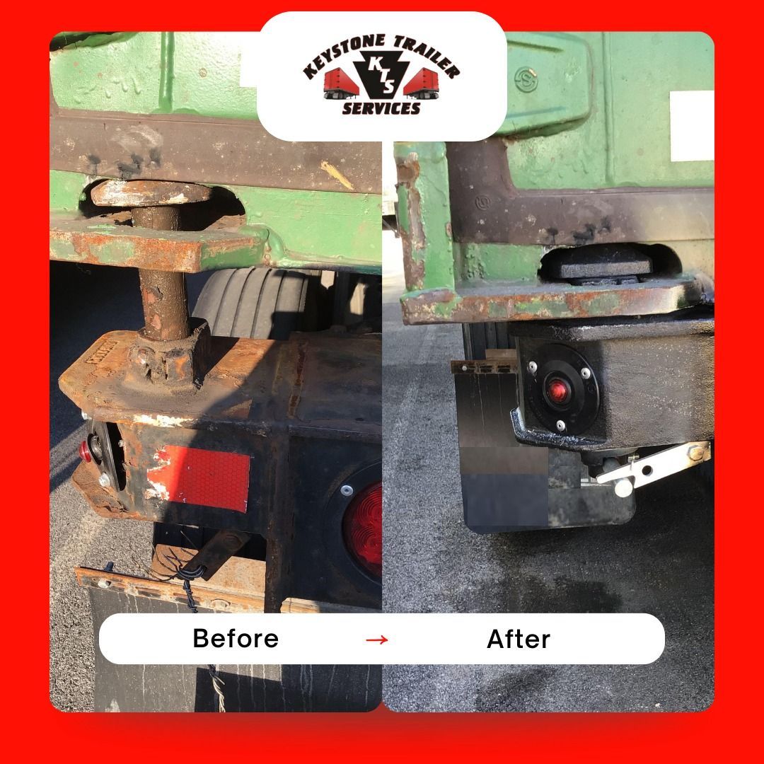 Before-and-after view of rusted green truck hitch repaired with a black mounting bracket.