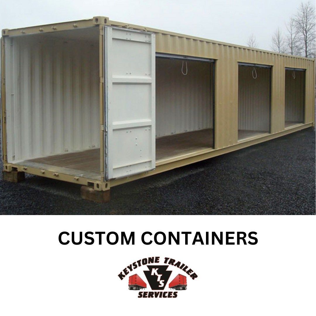 Custom beige shipping container with open side doors and windows, labeled Custom Containers Services