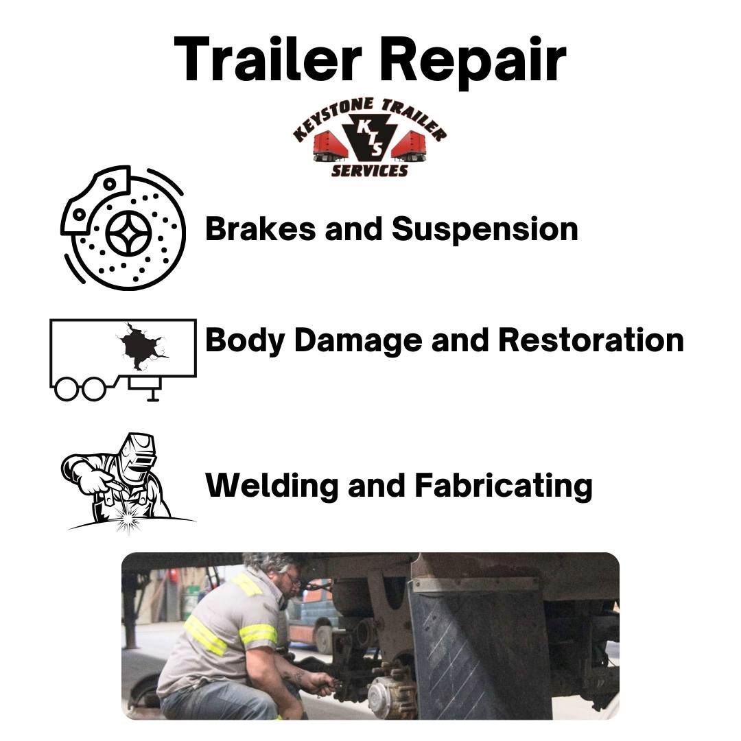 Trailer repair services ad listing brakes, suspension, body damage restoration, and welding/fabricating, with mechanic photo