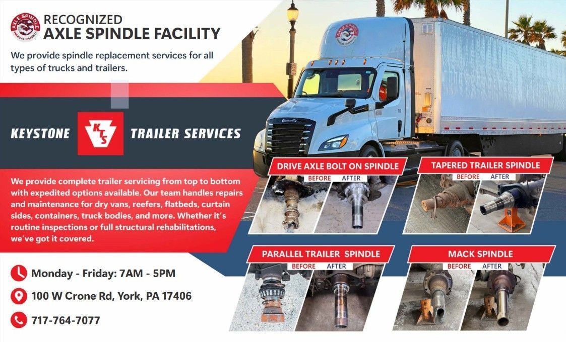 Red and white truck repair ad for Keystone Tarp Services, with service details and location info.