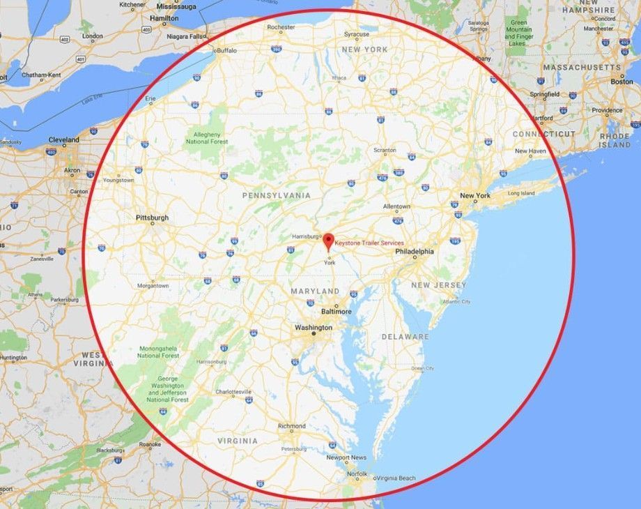 Map with a large red circle centered on Philadelphia and surrounding area highlighted.