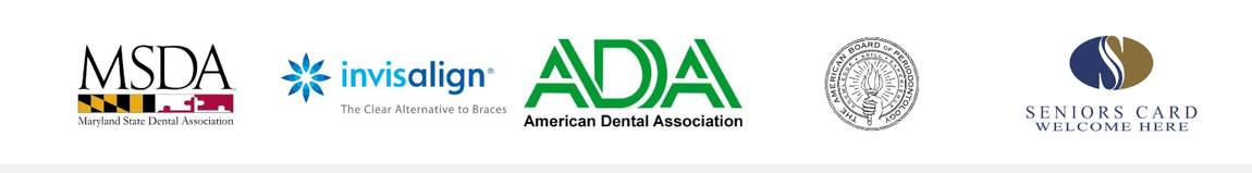 Logos - CareCredit, MSDA, Invisalign, ADA, American Board of Periodontology, Seniors Card